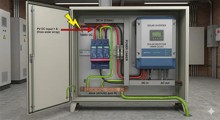 SPD DC 1000V là gì, SPD DC 1000V bảo vệ Inverter mặt trời trong tủ điện Combiner Box