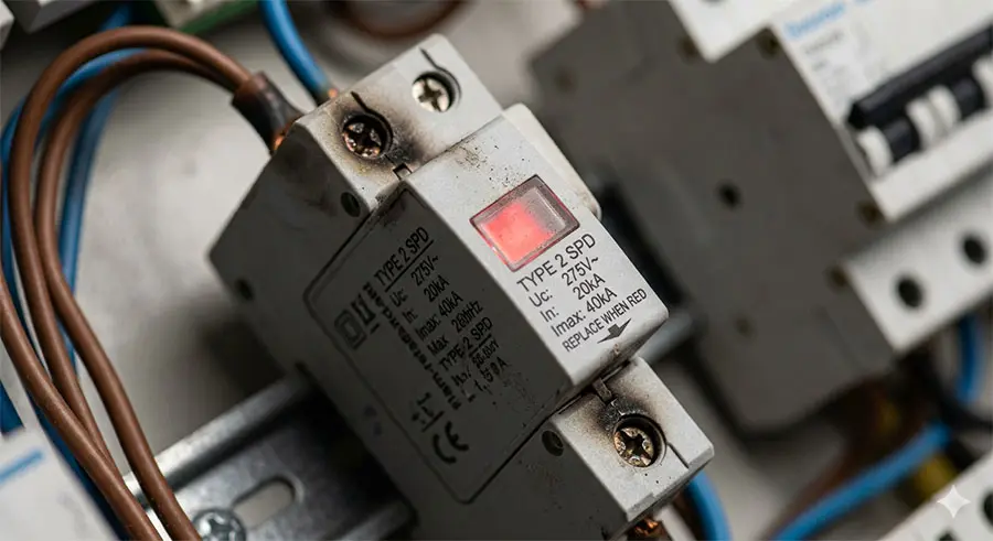 SPD Type 2 Là Gì, Hình ảnh thực tế SPD Type 2 bị hỏng với cửa sổ chỉ thị chuyển màu đỏ cần thay thế.