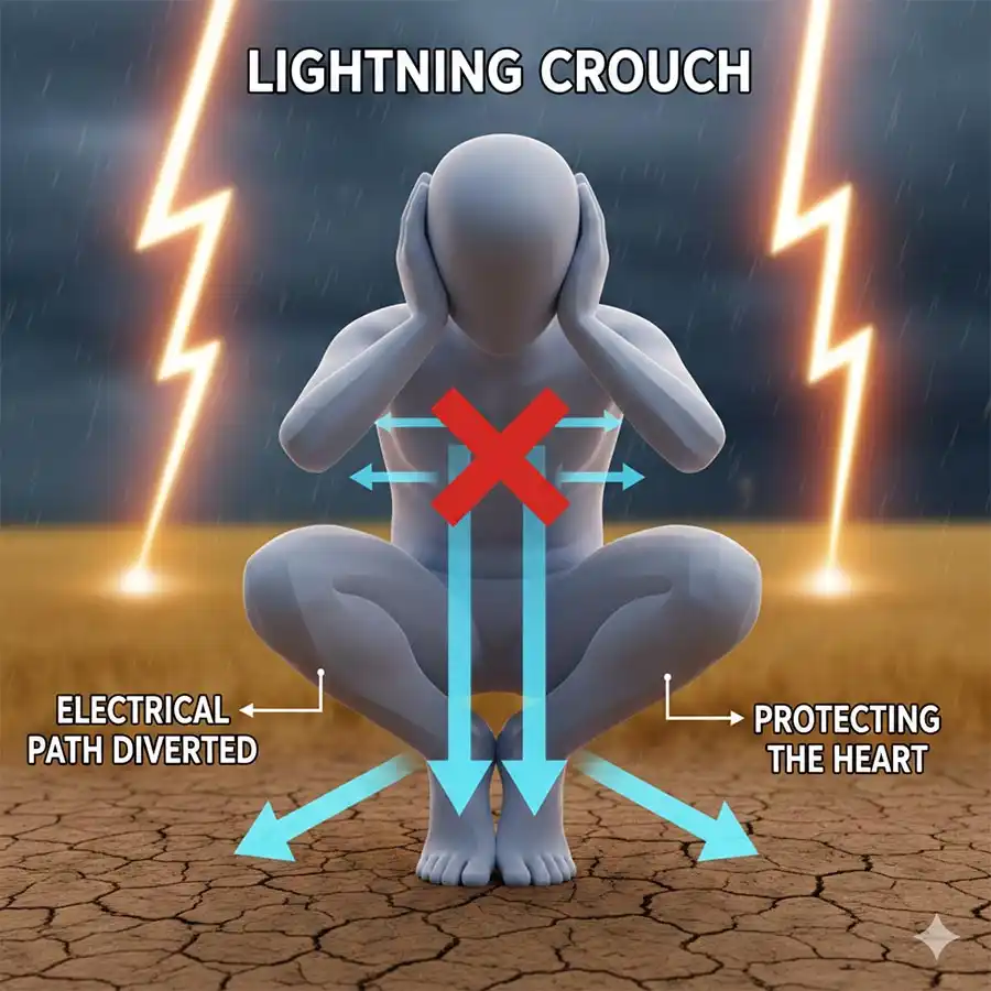 Sơ đồ kỹ thuật hướng dẫn tư thế ngồi xổm chống sét (Lightning Crouch) an toàn nhất khi ở ngoài trời, Làm Gì Khi Gặp Sấm Sét Ngoài Trời