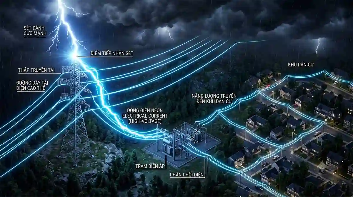 Minh họa hiện tượng sét đánh vào đường dây điện gây quá áp lan truyền